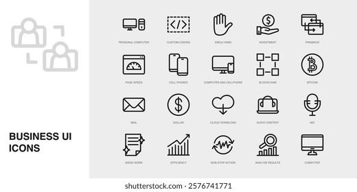 Set of Vector Thin Line Icons for Audio Content, Mic, Good Work and more. Collection of 20 Business UI Outline Editable Symbols.