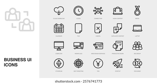 Set of Vector Thin Line Icons for Connection, Audio Content, Medal and more. Collection of 20 Business UI Outline Editable Symbols.