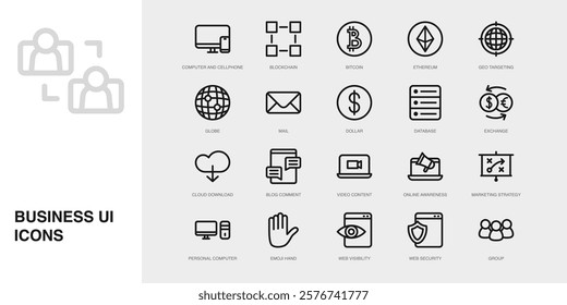 Set of Vector Thin Line Icons for Blog Comment, Video Content, Online Awareness and more. Collection of 20 Business UI Outline Editable Symbols.