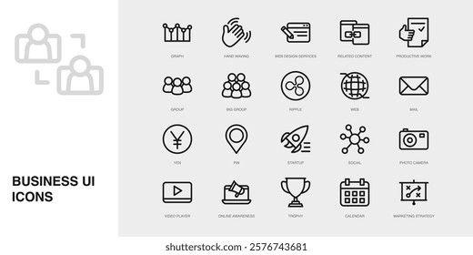 Set of Vector Thin Line Icons for Social, Photo Camera, Video Player and more. Collection of 20 Business UI Outline Editable Symbols.