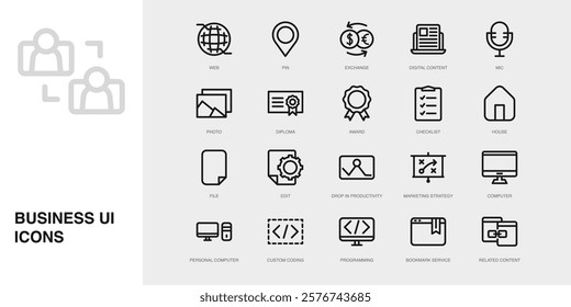 Set of Vector Thin Line Icons for Digital Content, Mic, Photo and more. Collection of 20 Business UI Outline Editable Symbols.