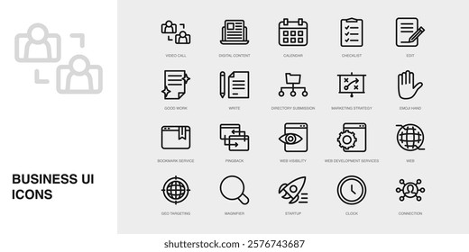 Set of Vector Thin Line Icons for Connection, Video Call, Digital Content and more. Collection of 20 Business UI Outline Editable Symbols.