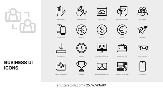 Set of Vector Thin Line Icons for Online Knowledge, Audio Content, Email Delivery and more. Collection of 20 Business UI Outline Editable Symbols.