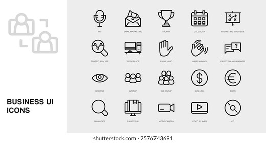 Set of Vector Thin Line Icons for E-material, Video Camera, Video Player and more. Collection of 20 Business UI Outline Editable Symbols.