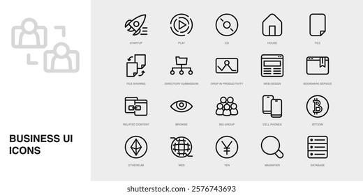 Set of Vector Thin Line Icons for Play, Cd, House and more. Collection of 20 Business UI Outline Editable Symbols.