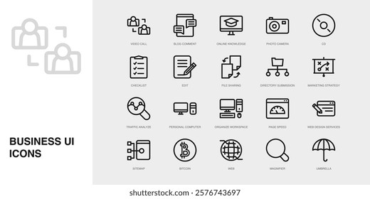 Set of Vector Thin Line Icons for Video Call, Blog Comment, Online Knowledge and more. Collection of 20 Business UI Outline Editable Symbols.