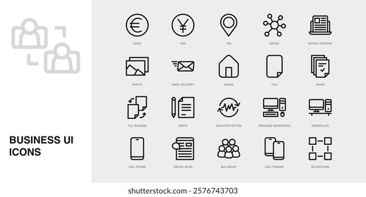 Set of Vector Thin Line Icons for Social, Digital Content, Photo and more. Collection of 20 Business UI Outline Editable Symbols.