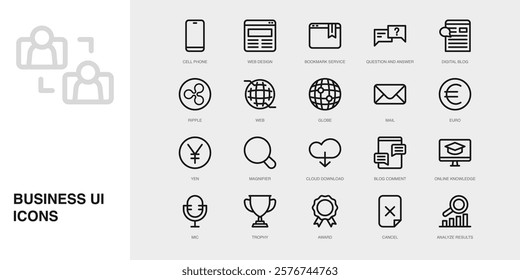 Set of Vector Thin Line Icons for Blog Comment, Online Knowledge, Mic and more. Collection of 20 Business UI Outline Editable Symbols.