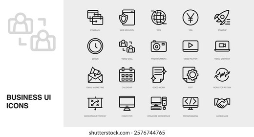 Set of Vector Thin Line Icons for Video Call, Photo Camera, Video Player and more. Collection of 20 Business UI Outline Editable Symbols.