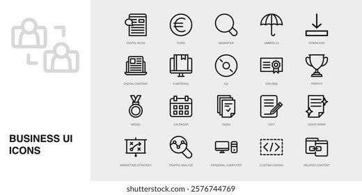 Set of Vector Thin Line Icons for Digital Content, E-material, Cd and more. Collection of 20 Business UI Outline Editable Symbols.