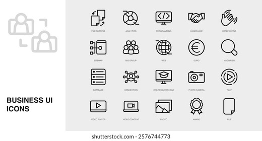 Set of Vector Thin Line Icons for Connection, Online Knowledge, Photo Camera and more. Collection of 20 Business UI Outline Editable Symbols.