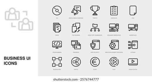 Set of Vector Thin Line Icons for Play, Video Player, Cd and more. Collection of 20 Business UI Outline Editable Symbols.