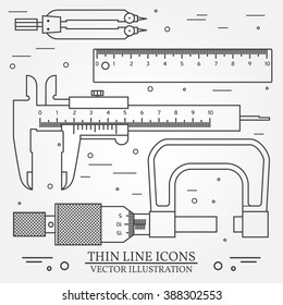 Set vector thin line icons caliper, ruler, pair of compass  and  micrometer. For web design and application interface, also useful for infographics. Vector dark grey. Vector illustration.