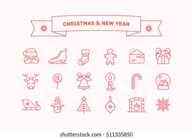Set of vector thin line icons for Christmas and New Year holidays. 