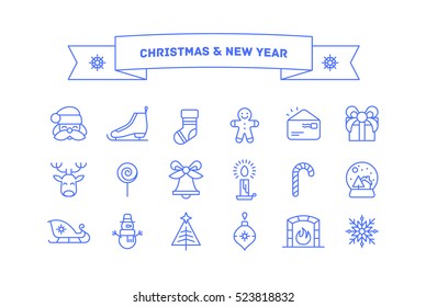 Set of vector thin line icons for Christmas and New Year holidays. 