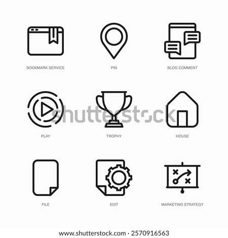 Set of Vector Thin Line Icons for Blog Comment, Play, Trophy and more. Collection of 9 Business UI Outline Editable Symbols.