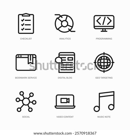 Set of Vector Thin Line Icons for Social, Video Content, Music Note and more. Collection of 9 Business UI Outline Editable Symbols.