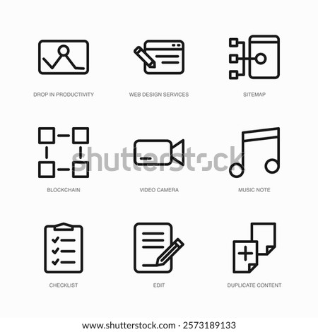 Set of Vector Thin Line Icons for Video Camera, Music Note, Checklist and more. Collection of 9 Business UI Outline Editable Symbols.