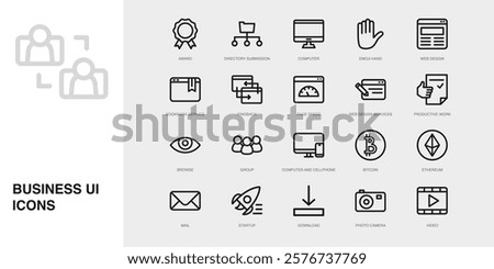 Set of Vector Thin Line Icons for Photo Camera, Video, Award and more. Collection of 20 Business UI Outline Editable Symbols.