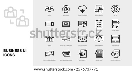 Set of Vector Thin Line Icons for Blog Comment, Play, Video Camera and more. Collection of 20 Business UI Outline Editable Symbols.