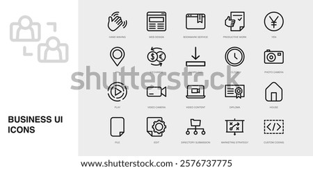 Set of Vector Thin Line Icons for Photo Camera, Play, Video Camera and more. Collection of 20 Business UI Outline Editable Symbols.