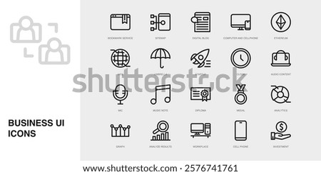 Set of Vector Thin Line Icons for Audio Content, Mic, Music Note and more. Collection of 20 Business UI Outline Editable Symbols.