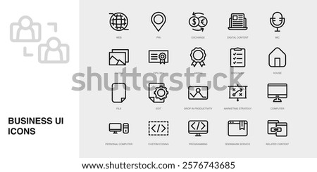 Set of Vector Thin Line Icons for Digital Content, Mic, Photo and more. Collection of 20 Business UI Outline Editable Symbols.