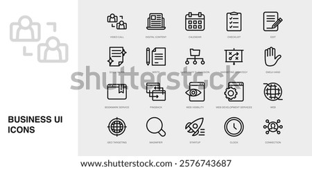 Set of Vector Thin Line Icons for Connection, Video Call, Digital Content and more. Collection of 20 Business UI Outline Editable Symbols.