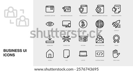 Set of Vector Thin Line Icons for Connection, Diploma, Email Marketing and more. Collection of 20 Business UI Outline Editable Symbols.