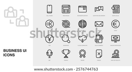 Set of Vector Thin Line Icons for Blog Comment, Online Knowledge, Mic and more. Collection of 20 Business UI Outline Editable Symbols.