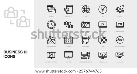 Set of Vector Thin Line Icons for Video Call, Photo Camera, Video Player and more. Collection of 20 Business UI Outline Editable Symbols.