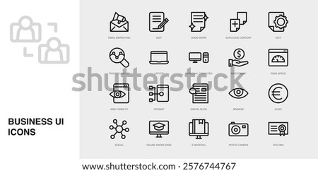 Set of Vector Thin Line Icons for Social, Online Knowledge, E-material and more. Collection of 20 Business UI Outline Editable Symbols.