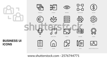 Set of Vector Thin Line Icons for Play, Mic, Music Note and more. Collection of 20 Business UI Outline Editable Symbols.