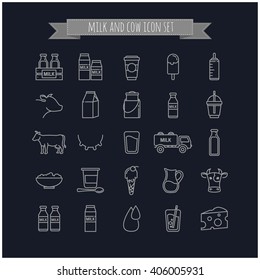 Set of vector thin line milk, dairy and cows on a black background for your design
