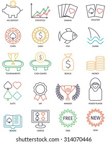 Set Of Vector Thin Line Online Poker Icons For Affiliate Promotional Web Site.