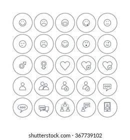 Set of Vector Thin Line Social Icons. Emoticons, Gender Sign, User Profile, Message