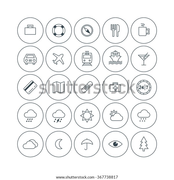 Set of Vector Thin Line Travel Icons. Transportation,\
Weather, First Aid