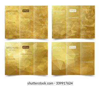 Set of vector three-fold brochure gold design templates with abstract geometric background EPS10 Tri-Fold Mock up & back Brochure Design 