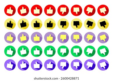 Set vector of thumb up and thumb down in circle shape. Like and dislike icon in various color. OK and not ok sign. Approve and disapprove symbol. 
