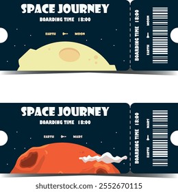 Set of vector ticket template with dark blue space background and planets. Hand drawn celestial bodies in cartoon stylization. Admission for planetarium, exhibition, show. Mars and moon in flat style