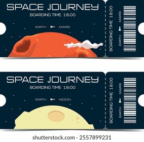 Set of vector ticket template with dark blue space background and planets. Hand drawn celestial bodies in cartoon stylization. Admission for planetarium, exhibition, show. Mars and moon in flat style