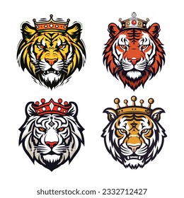 Set of vector tiger head mascot with crowns logo design concept