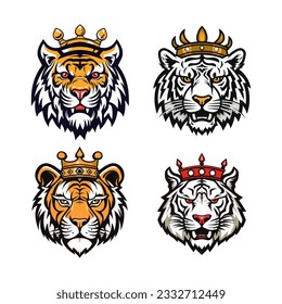 Set of vector tiger head mascot with crowns logo design concept