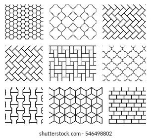 Set of vector tile seamless patterns in black and white.