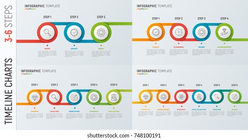 Set of vector timeline chart infographic designs for data visualization. 3-6 steps, options, processes.