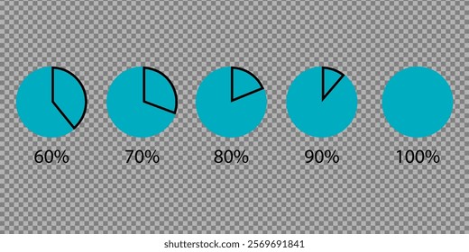 Set of vector timer icons on png background. Vector icons of circular download and circular progress. 