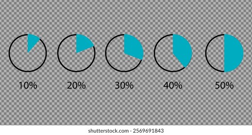 Set of vector timer icons on png background. Vector icons of circular download and circular progress. 