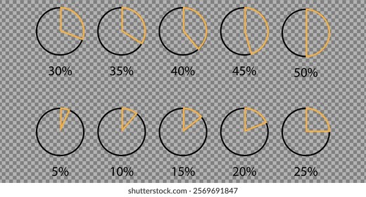 Set of vector timer icons on png background. Vector icons of circular download and circular progress. 