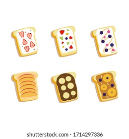 Satz Vektortoast auf weißem Hintergrund.verschiedene Früchte auf Brot.Vektorgrafik