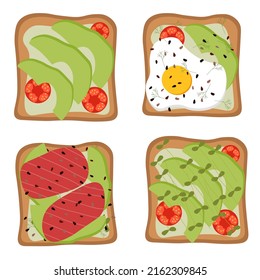 Set of vector toasts and sandwiches. Slices of bread with egg, avocado, fish, cucumber, tomatoes. vector illustration in force flat